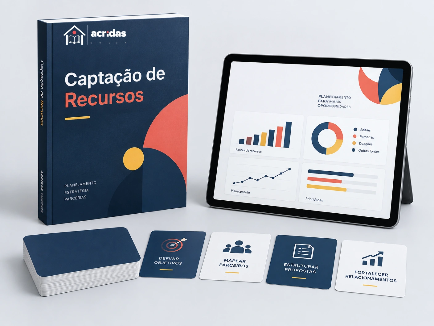 Mockup da formação Captação de Recursos, do ACRIDAS EDUCA, com tablet e materiais de planejamento.