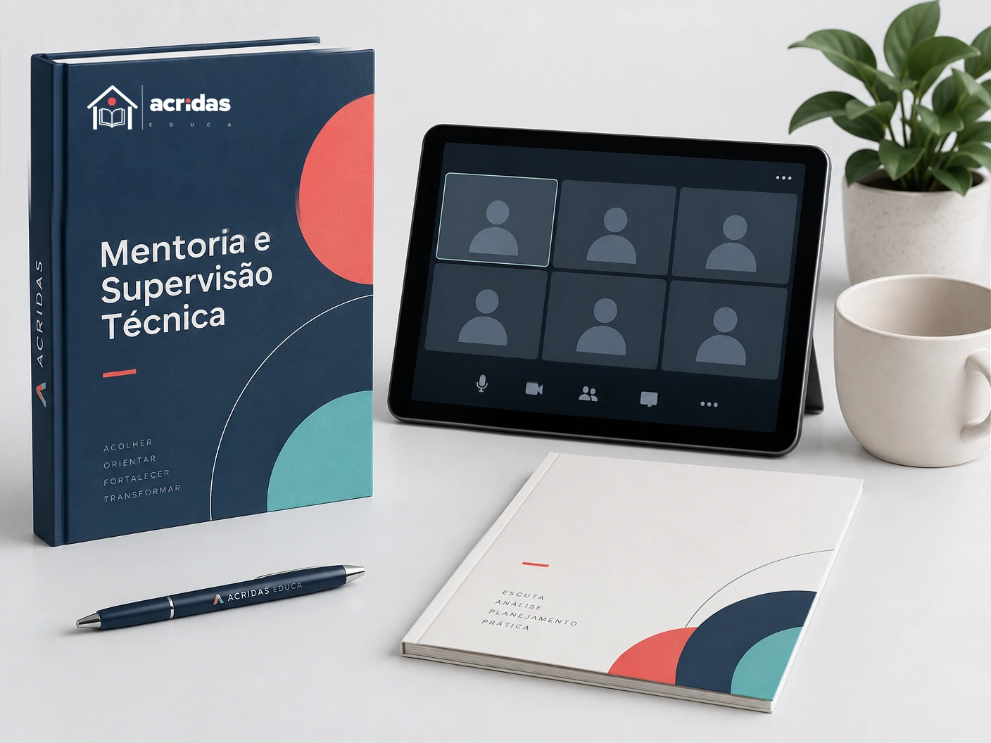 Mockup da Mentoria e Supervisão Técnica, do ACRIDAS EDUCA, com tablet e materiais de acompanhamento.